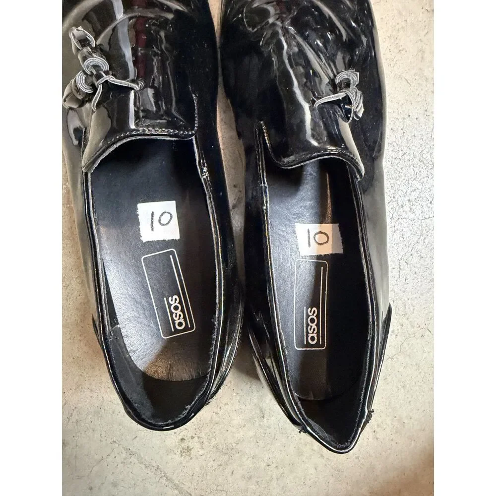 Mens ASOS Design Black Patent Faux Leather Tassel Loafers - Size 10